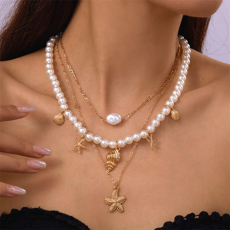 Trendy 3Pcs Shell Necklace Stack Gold Plated Baroque Pearl Starfish Layered Chain Beach Vacation Gift Set