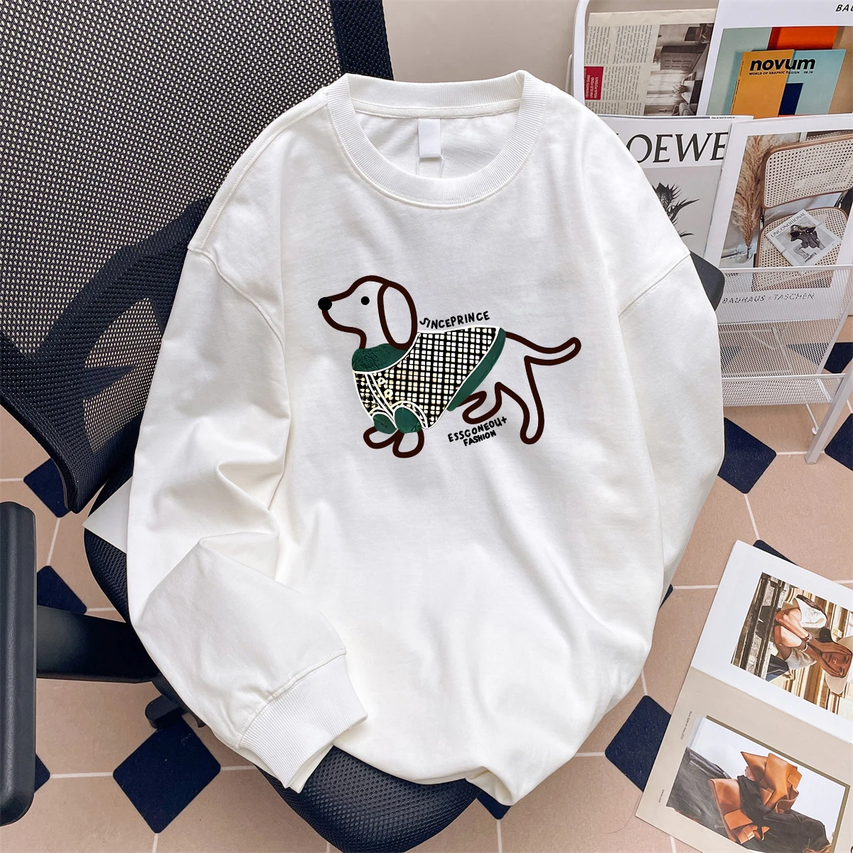 

Outlet Store American Retro Long Sve Cotton T-irt ex Dog Print Casual Top for Youth Autumn Faion round Ne