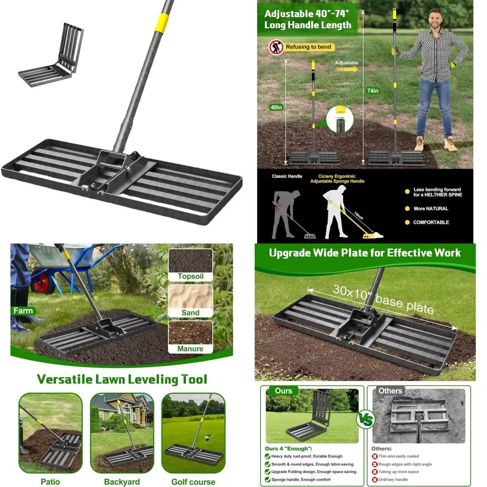 

Heavy-Duty 30x10 Inch Yard Leveling Rake for Soil, Sand, and Topsoil - Ideal for Backyards, Gardens, and Golf Courses