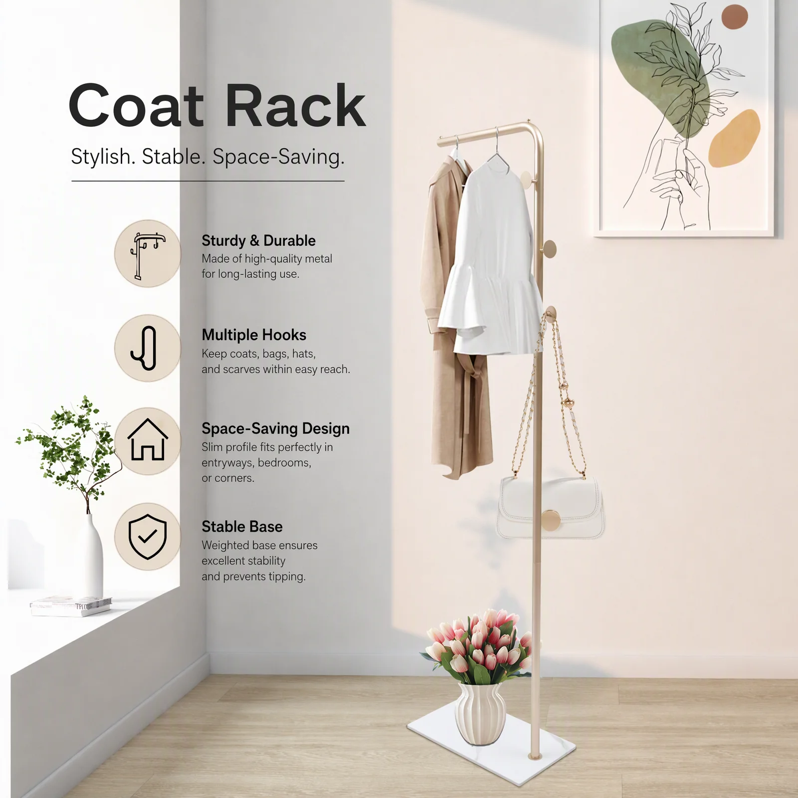 Entryway Coats Hanger Stand With 3 Hooks,Metal Coat Rack Freestanding With Natural Marble Base, Home Hotel Hall Tree For Coats, Hats, Scarves, Clothes, And Handbags (Gold-w/white Base)