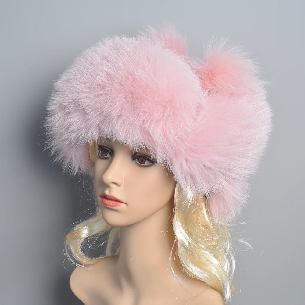 Natural Fox Fur Russian Aviation Hat with Ears Ushanka Women Winter Warm Fluffy Stylish Female Tail Cap Fashion Real Fur Hats