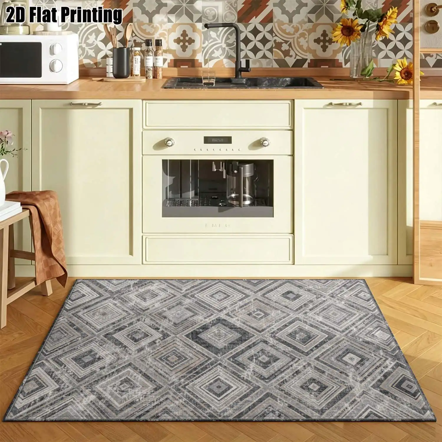 1Pc 2D Printed Retro Gray Geometric Diamond Pattern Carpet, Nordic Style, Machine Washable, Multi-Size, Ideal for Home Decoration & Multiple Scenarios