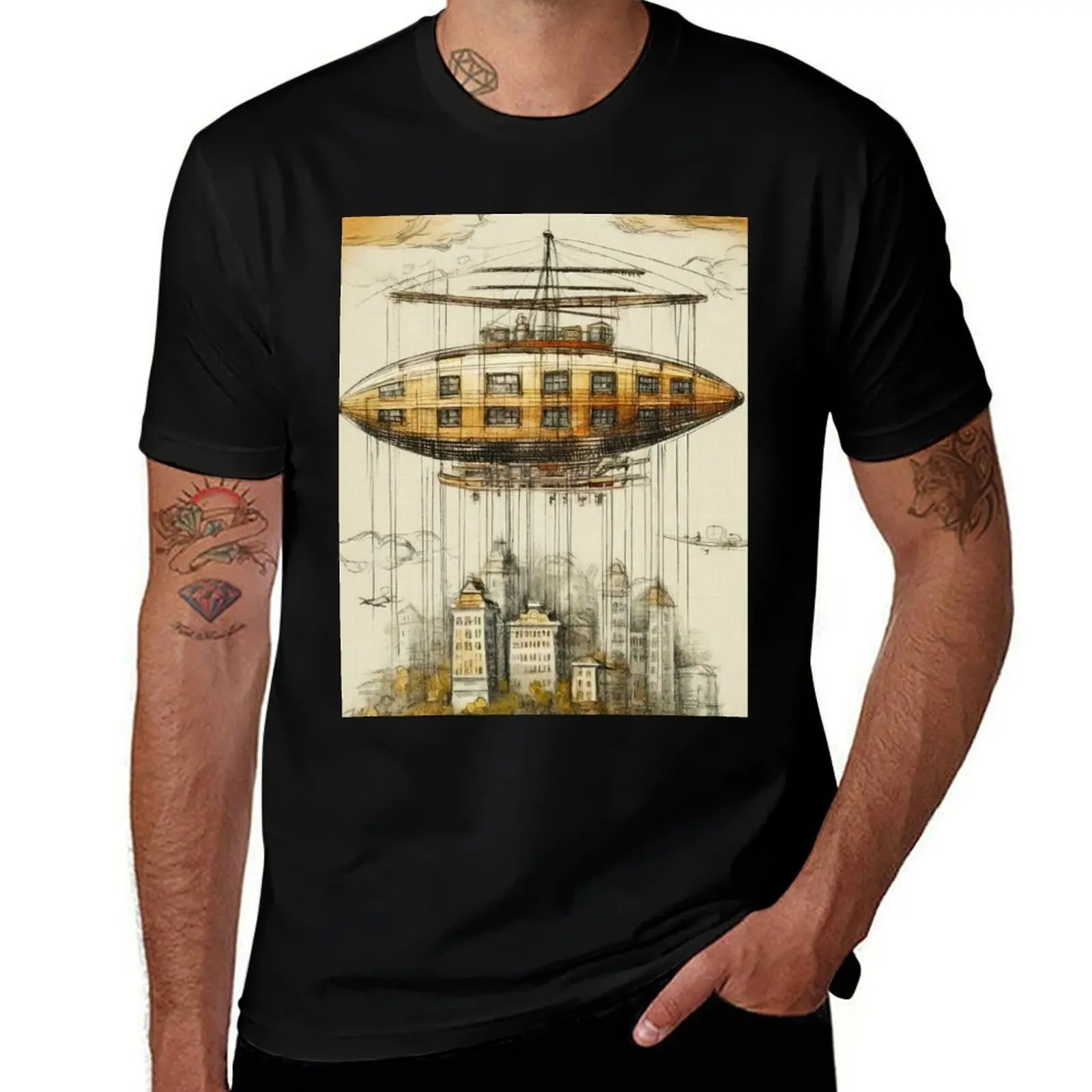 whimsical airship soaring through the skies amidst floating islands Graphic T-Shirt Casual Holiday Short Sleeve Tee