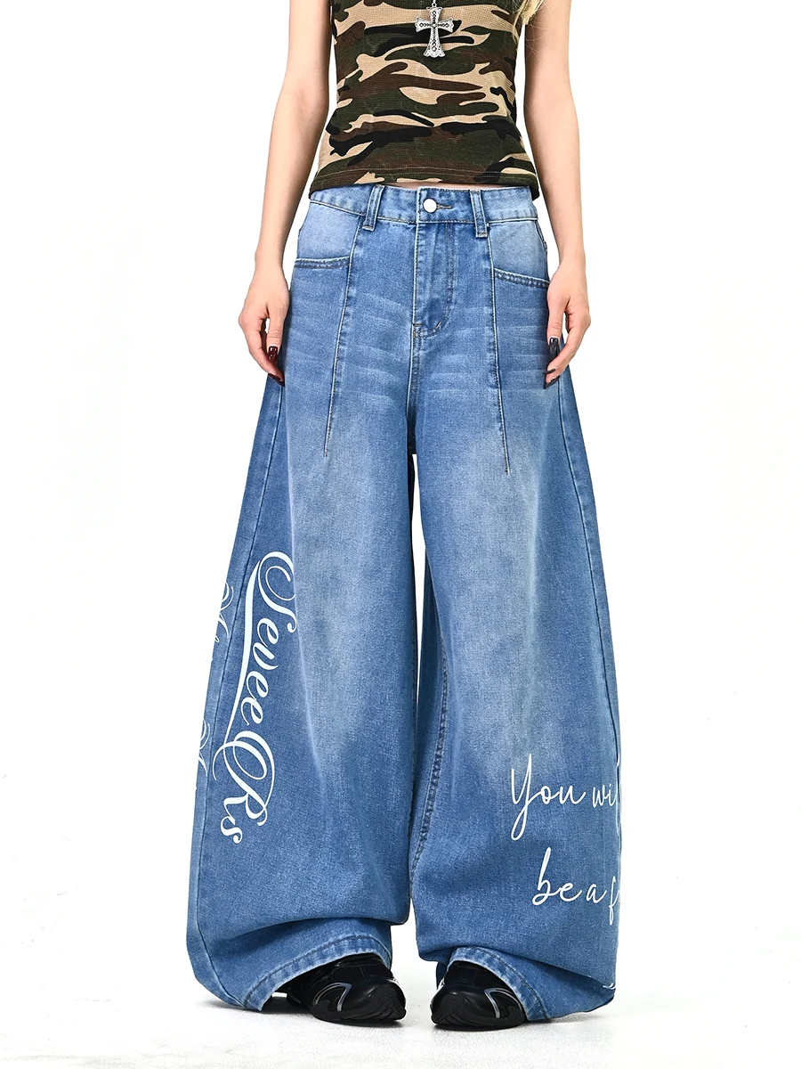 

Женские джинсы Waed Denim, весна 2026, свободные, в корейском уличном стиле, длинные брюки с вышивкой и надписями, с эффектом потертости, на высокой талии