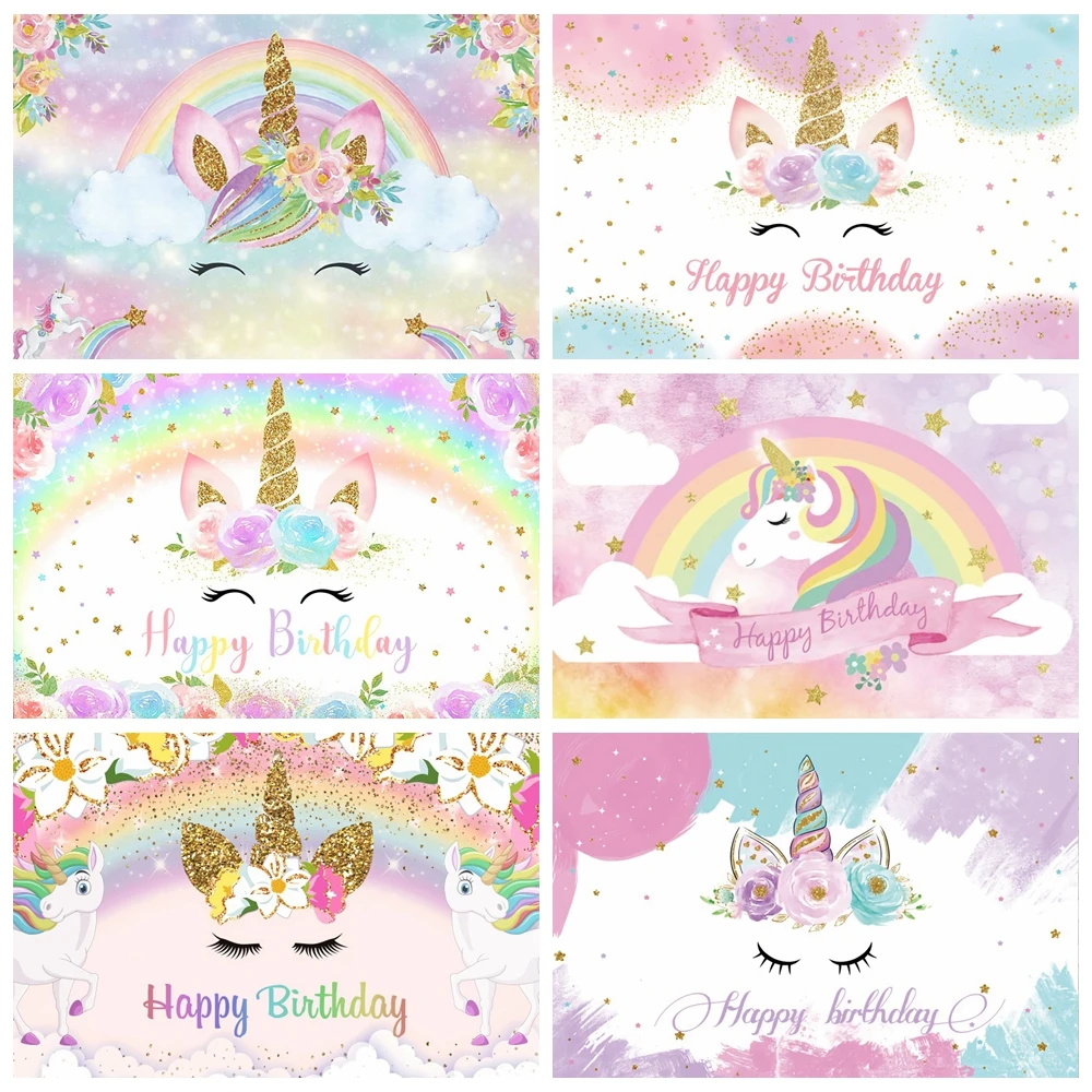 

Rainbow Unicorn Photography Backdrop Gold Glitter Unicorn Floral Girl Birthday Party Decor Baby Shower Background Photo Studio