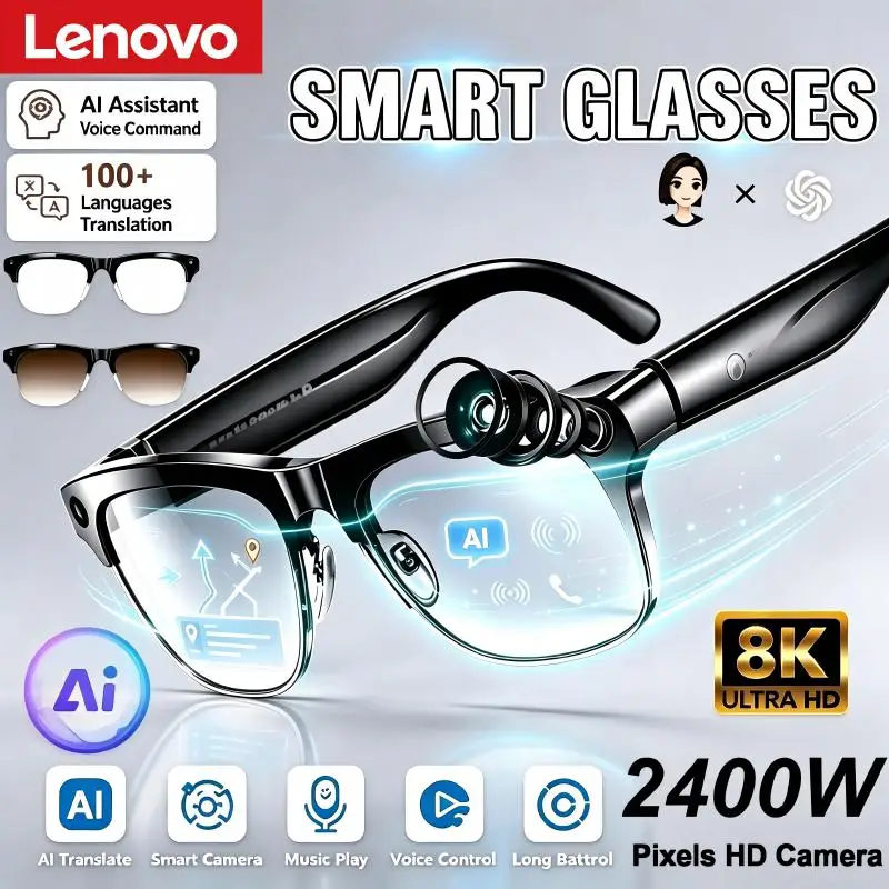 Lunettes intelligentes Lenovo AI 800w HD 8K avec caméra de prise de vue, photo, vidéo, appel vocal, traduction, étanches, Bluetooth, lunettes de moto AI