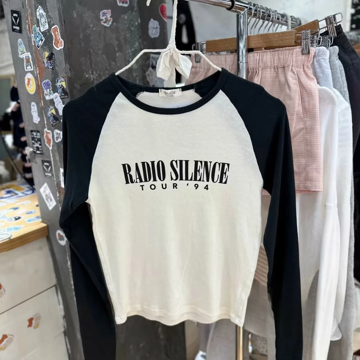 Woman Radio Print Contrast Color Patchwork Long Sleeve T-Shirt Autumn V-neck Cotton Tees Vintage Streetwear Sweet Tshirts Y2k