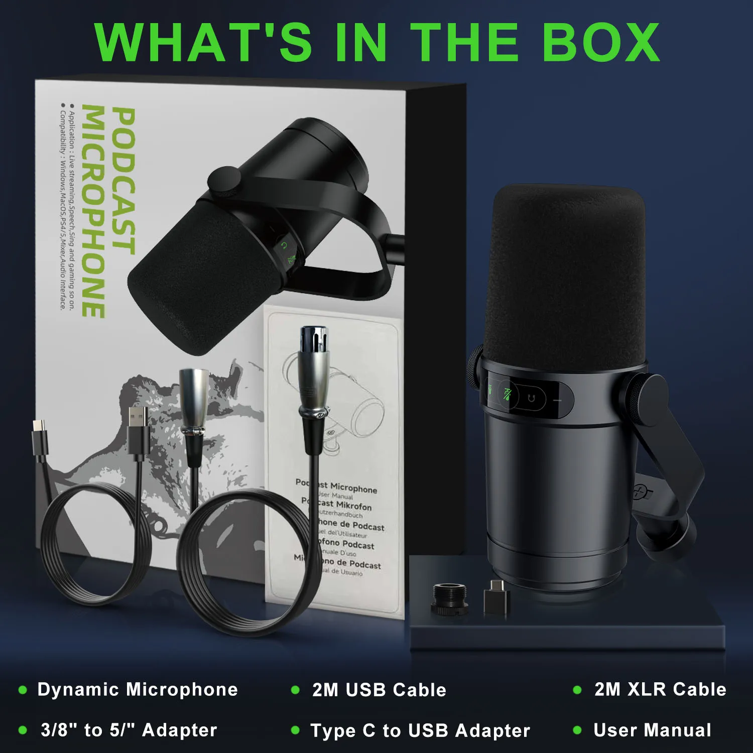 ميكروفون ديناميكي لألعاب البودكاست البث المباشر USB/XLR شاشة تعمل باللمس التحكم عزل الصوت مخرج سماعة الرأس المدمج