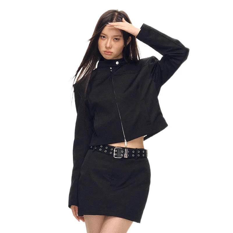Retro Sweet Cool Women's Crop Outerwear Spring Black Jacket Stand Collar Slim Design Stylish Bomber Jacket Top
