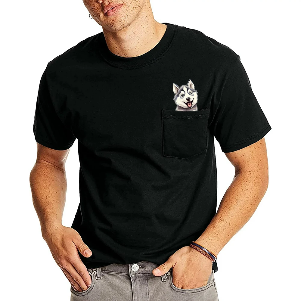 HX Fashion Cotton T-Shirts Siberian Husky Middle Finger Printed Pocket T-shirt Mens Clothing Summer Short Sleeve Tees Tops