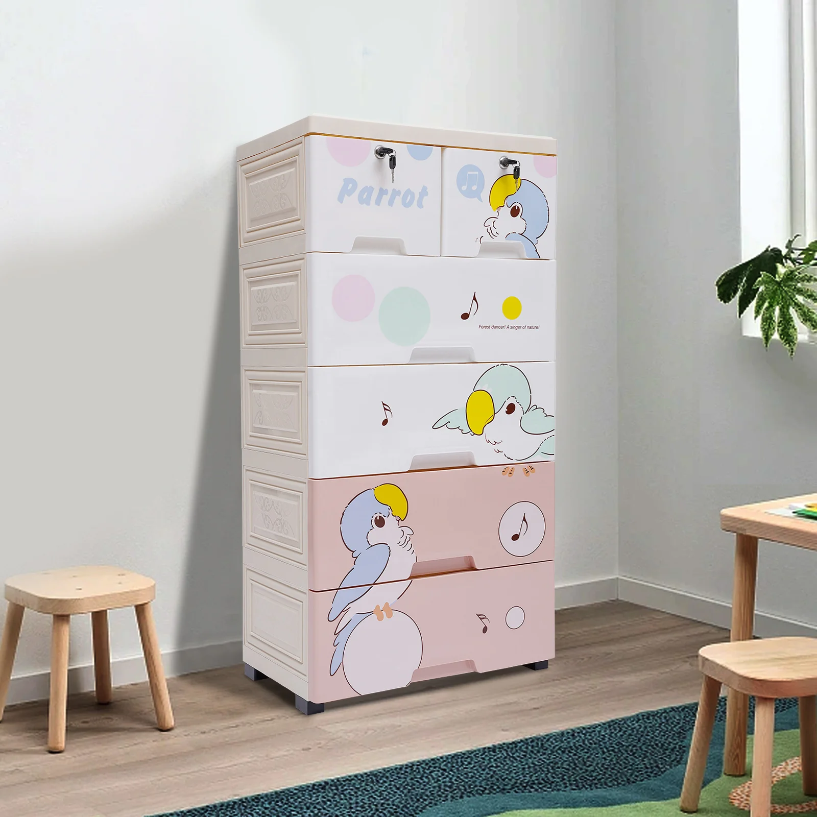 

Parrot Drawers Dresser, Storage Cabinet with 6 Drawers, Closet Drawers Tall Dresser Organizer for Playroom, Bedroom Furniture