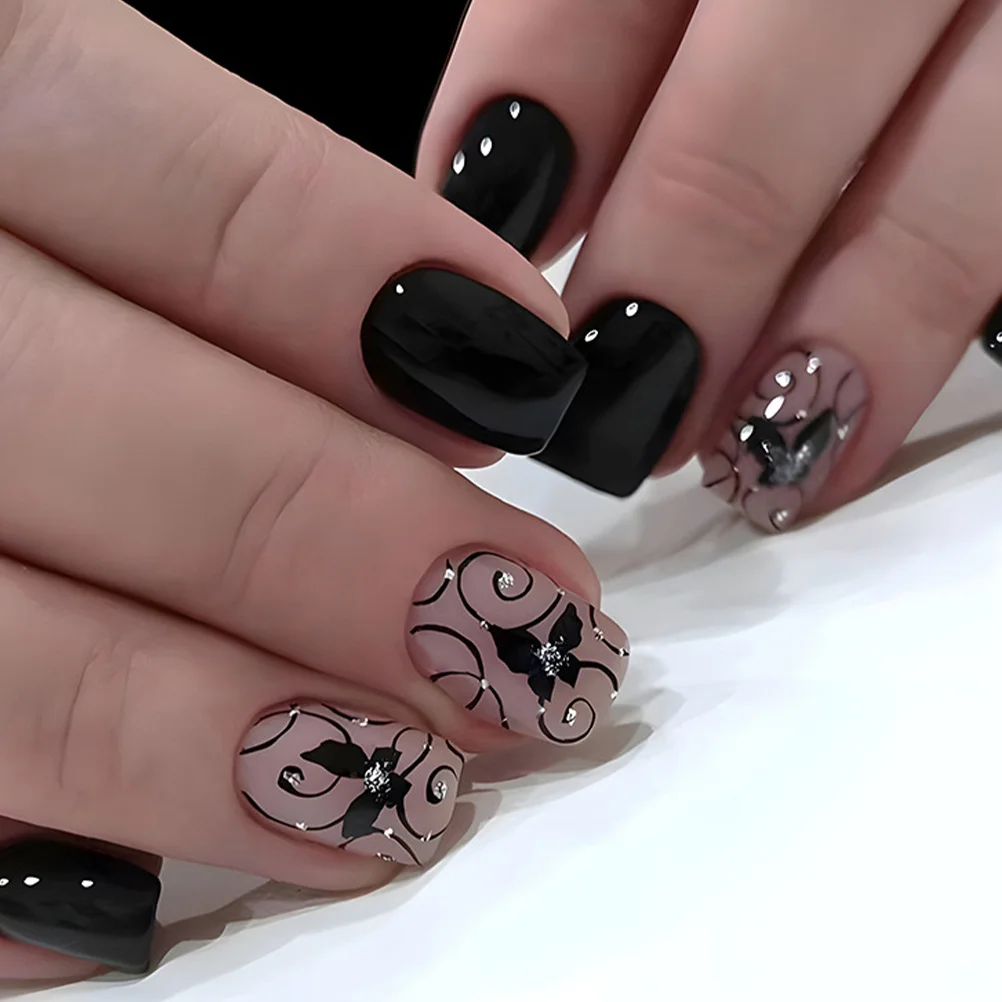 

Press On Nails Black Short Fake Nails Full Cover Nail Tips For Women Teens Durable Abs Material Daily Wear