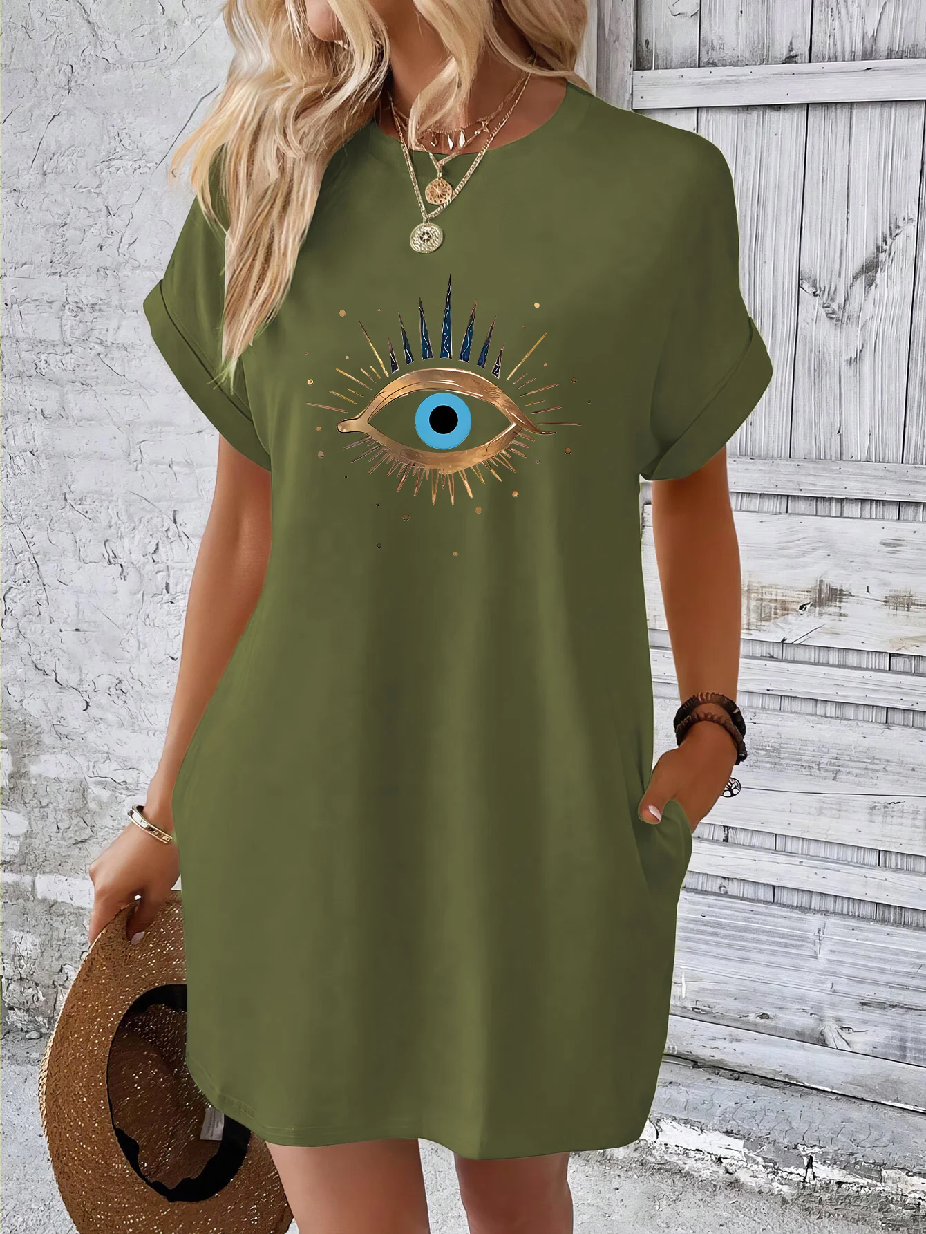 Women\'s Black dress Summer Loose  Print Round Neck Short Sleeve Pocket Comfortable Casual Plus Size Dress