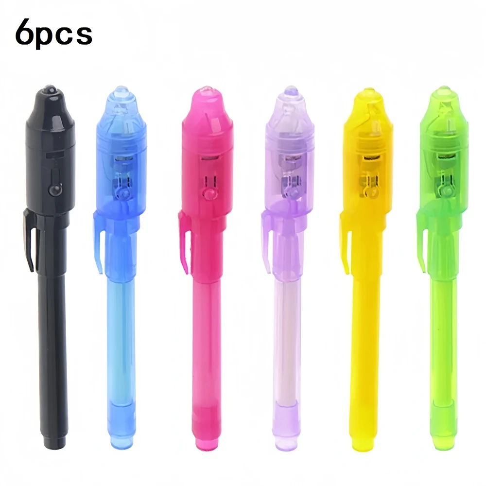 6pcs Luminous Light Pen Magic Purple 2 in 1 UV Black Light Combo Drawing Invisible Ink Pen Learning Education Toys for Child