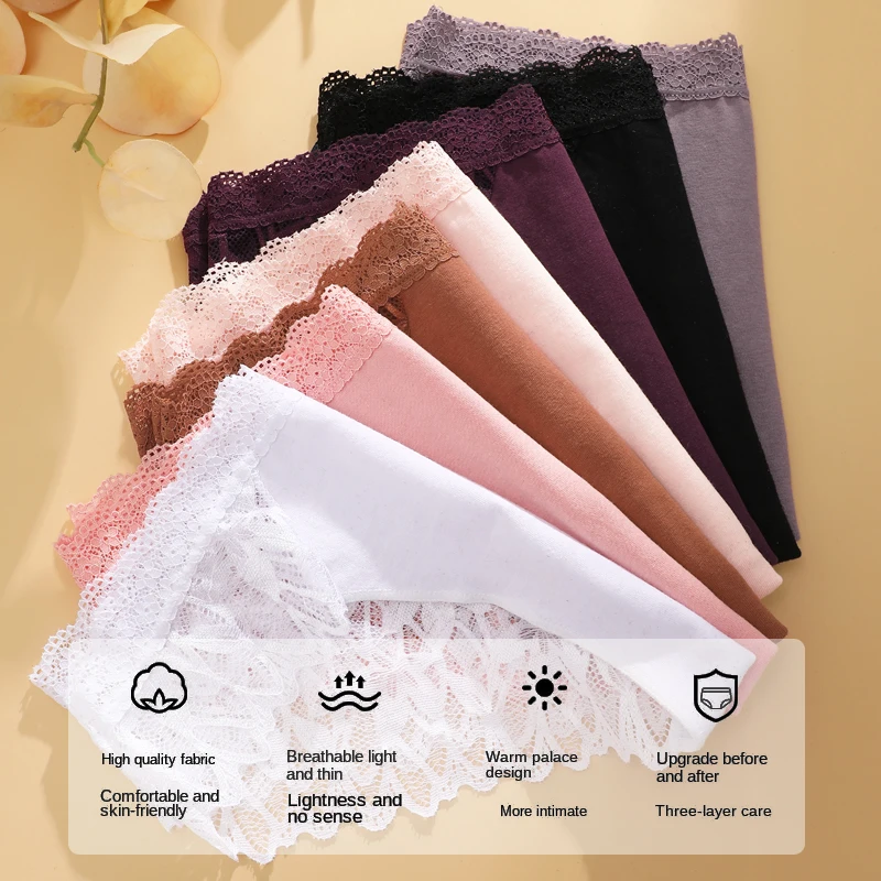 4PCS/Set Women Sexy Lace Panties Low Rise Briefs Female Comfortable Underwear Solid Color Transparent Intimates Lingerie S-XL