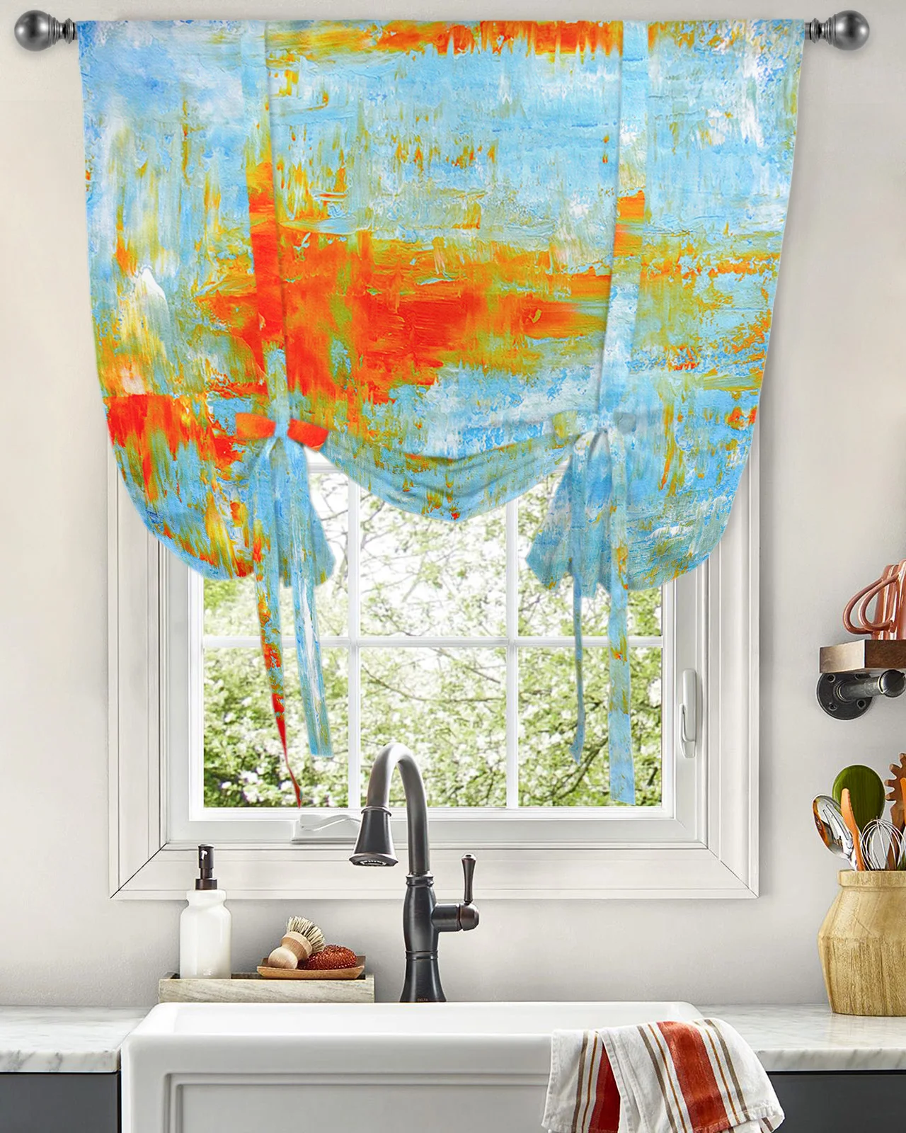 Orange Abstract Art Oil Painting Texture Window Curtain Tie Up Curtains for Kitchen Living Room Adjustable Rod Pocket Drapes