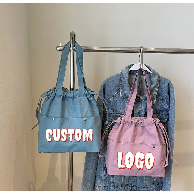 

Custom Logo Drawstring Nylon Tote Bag, Women's Casual Shoulder Bag, Lightweight Water-Resistant Handbag for Daily/Work/School