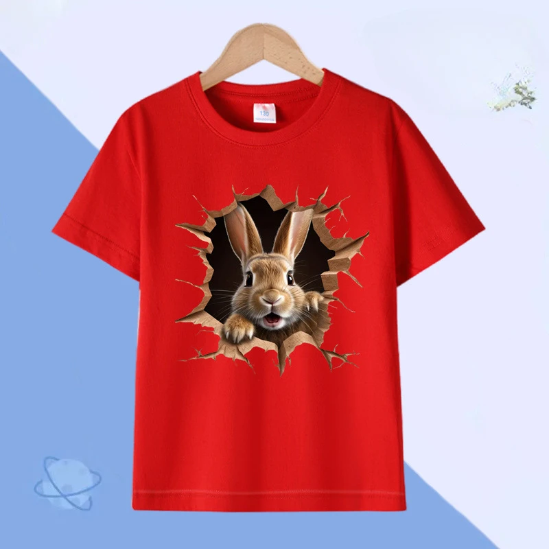 T-shirt de coelho fofo tridimensional masculina e feminina, manga curta, moda família animal fofa