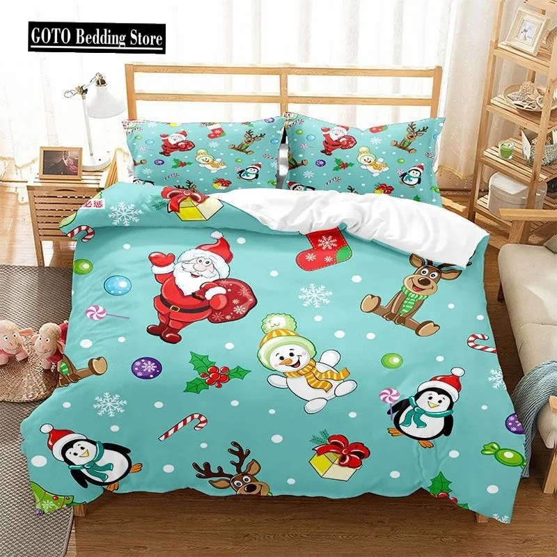 Printed Duvet Covet Set for Merry Christmas 3D Christmas Tree,Snowflakes,Santa Claus Double Bed Comforter Cover with Pillowcases