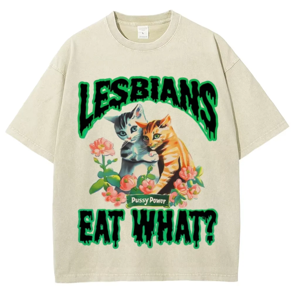 

Cute Cat Print T-Shirt Loose Casual Streetwear Graphic Retro Washed Denim Cotton Short Sleeve Round Neck Pullover Y2k Style Tops