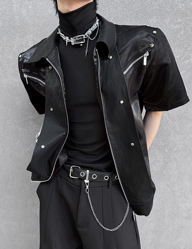 Trendy Jackets Men's 2025 Summer New Multi Zipper Decoration Jackets Men's High Street Fashion Handsome Lapel Short Sleeve Tops