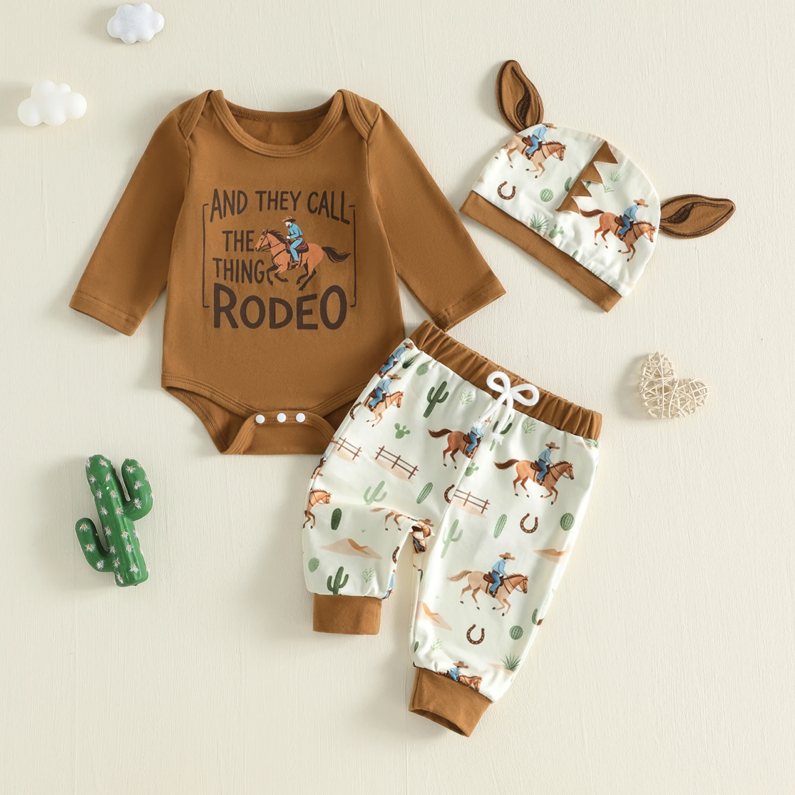 Baby Boy Western Fall Outfit Cute Letter Printed Long Sleeve Romper Pants Ears Hat Autumn Baby's Sets