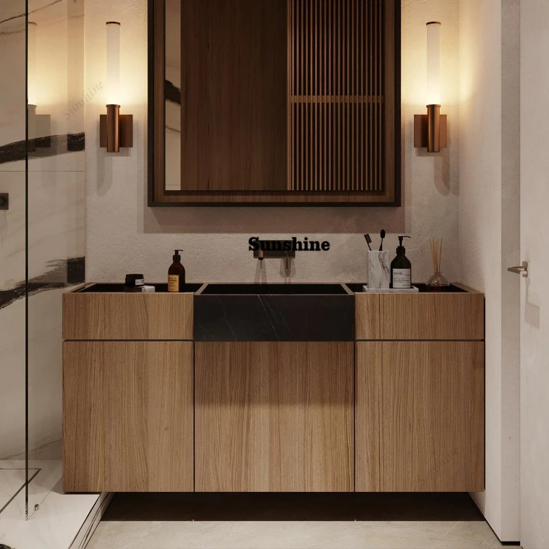 

Simple wood grain slate floor-to-ceiling bathroom cabinet integrated seamless basin customization, washbasin