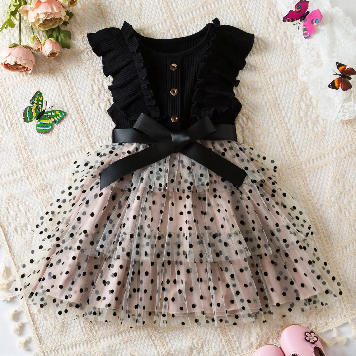 

Shiny Toddler 1-6 Years Toddler Little Girls Flutter Sleeves Polka Dot Girls Dress