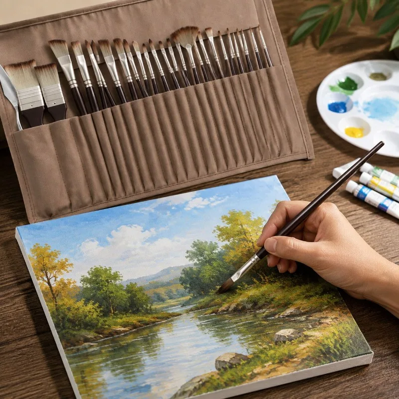 24-Piece set of art painting tools, brown pen holder, brush, palette knife, storage bag, watercolor gouache, acrylic.