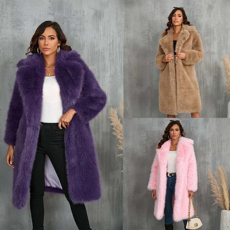 Pink Faux Fur Coat Women Autumn Winter Thickened Long Sleeves Overcoat Lapels Pockets Warm Jackets Medium Long Styles Plush Coat