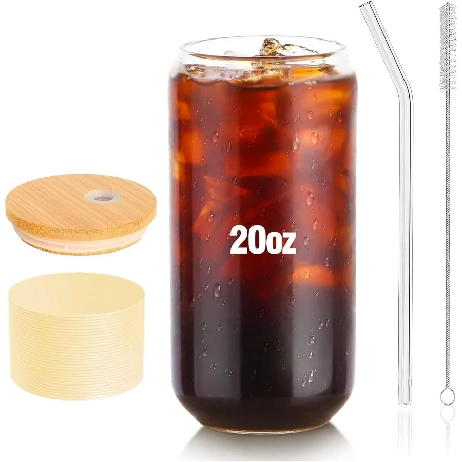 

Glass Tumbler with Straw and Lid 20 OzGlass Coffee Cups Tall Water Bottle Straw Bamboo Lid Silicone Protective eve Brush- BPA F