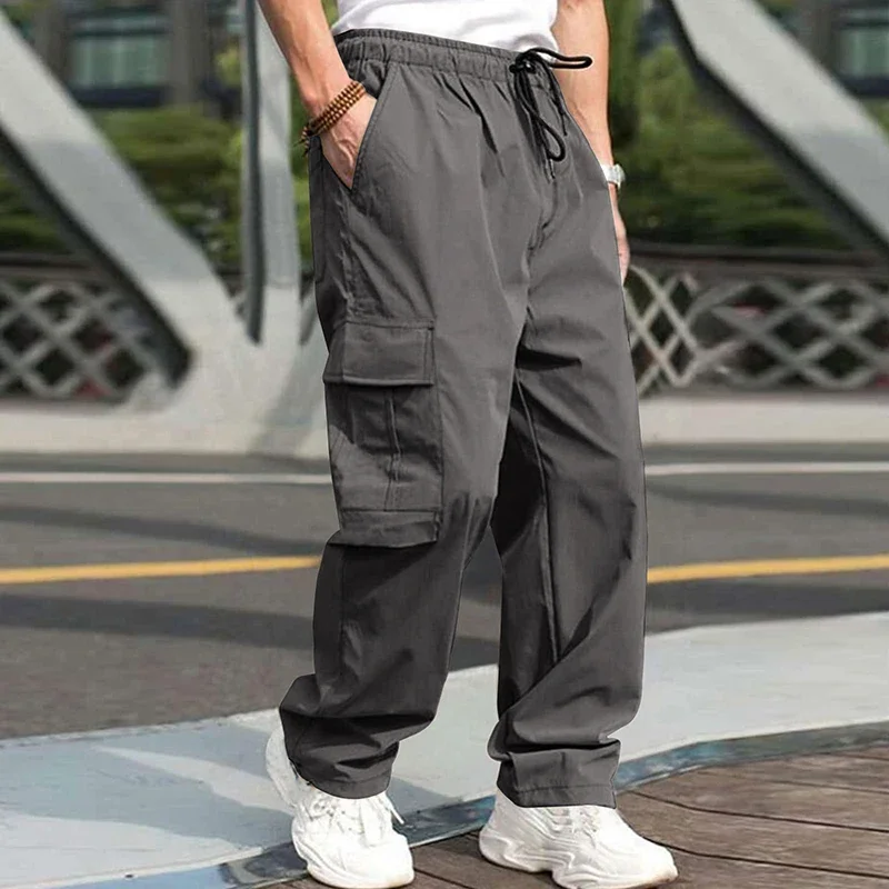 

New Fashion Drawstring Straight Cargo Pants For Men Autumn Vintage Patch Pockets Design Loose Casual Pants Mens Leisure Trouser