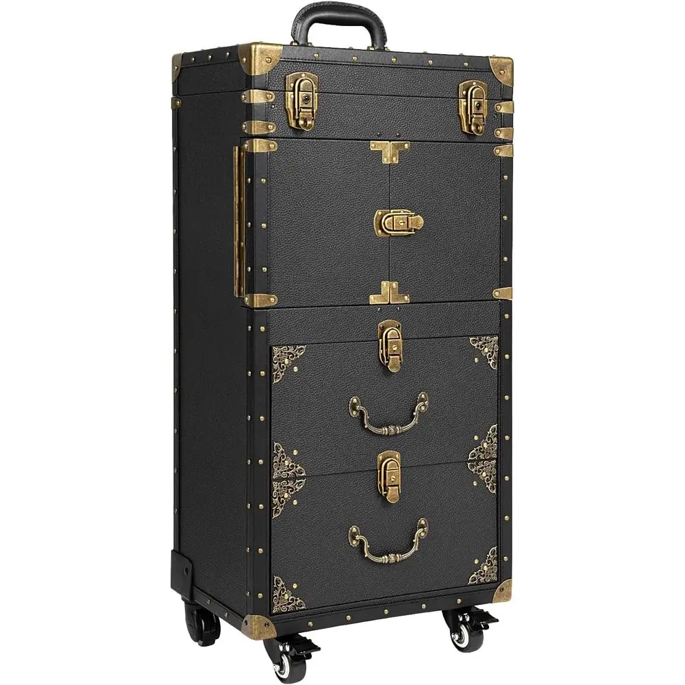 

Rolling Lockable Makeup Train Case, Portable Stylist Beauty Organizer with Hair Dryer Holder, Black