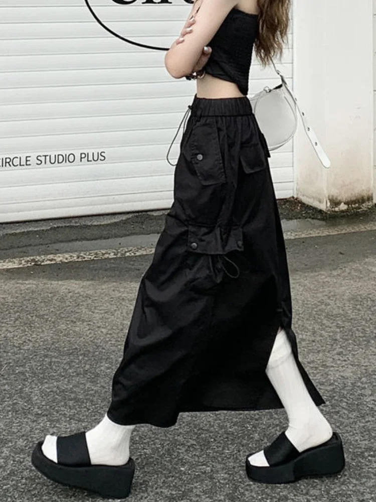 High Waist Skirts Women Baggy Back-slit Design Vintage Personality Fashion Multi-pockets Cozy Korean Fashion Daily Faldas Largas