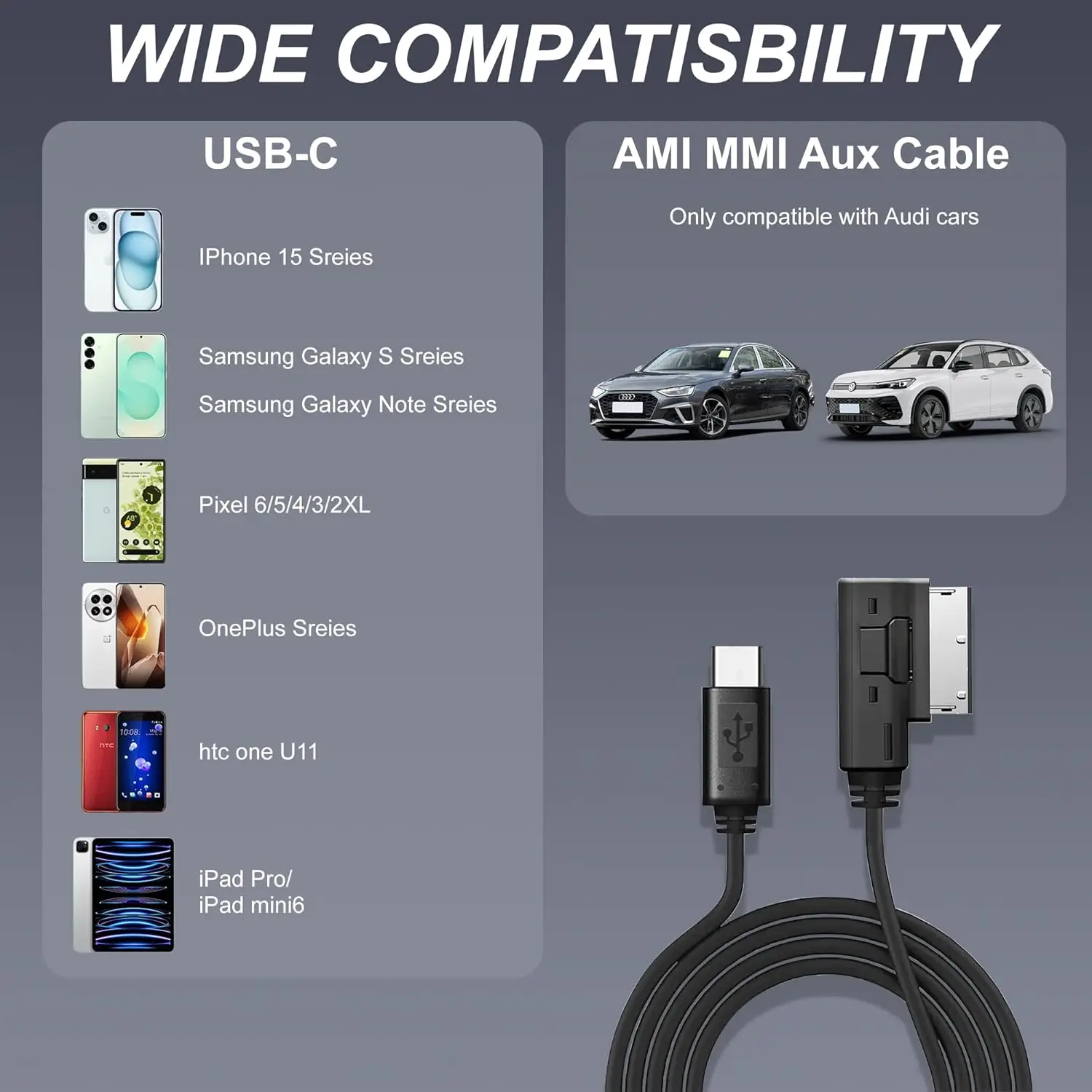 Kabel USB-C do AMI MMI Aux dla iPhone 17 16/15 i urządzeń z portem Type-C, kompatybilny z Audi A3/A4/A5/A6/A7/A8/S4/S6/S8/Q5/Q7/R8/TT — zdjęcie produktu 5