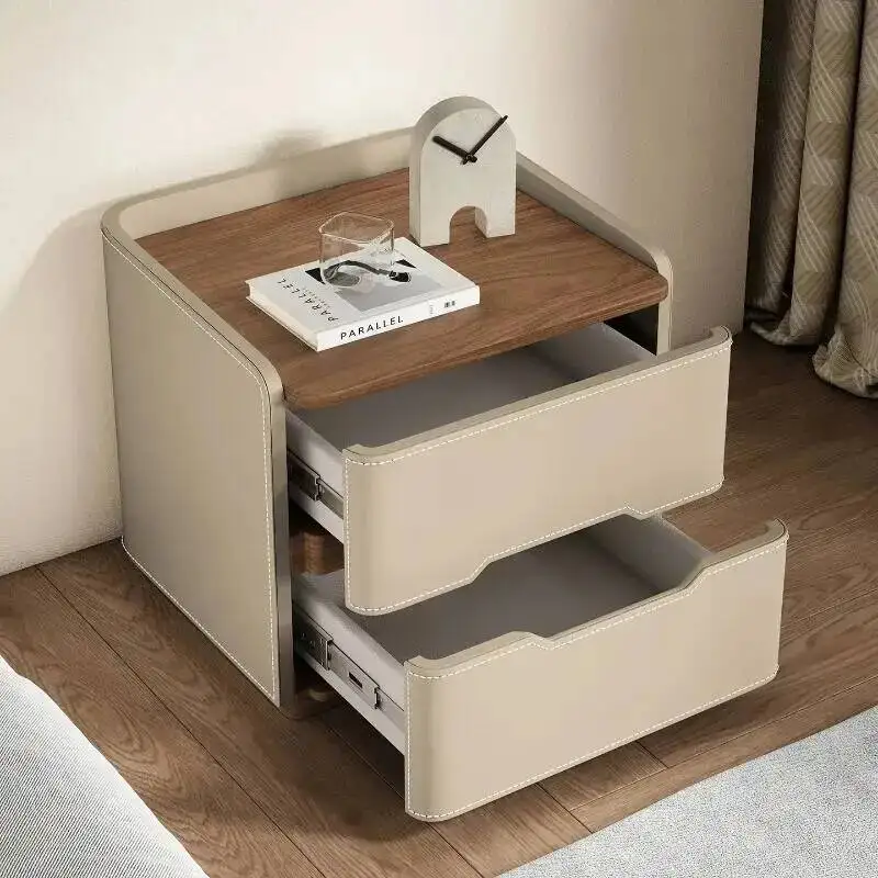 Sophisticated Nightstand Leather Accent Details Wrapped Wooden & Functional Storage Furniture for Bedroom & Modern Spaces