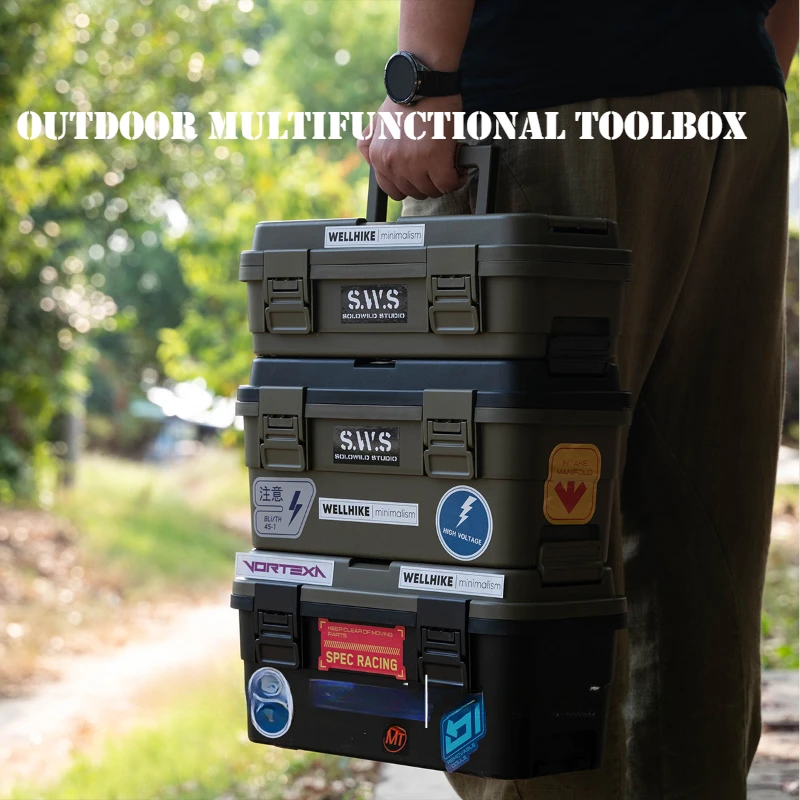 

Portable outdoor toolbox, multifunctional plastic storage box, stackable car trunk, camping and fishing storage box with handle