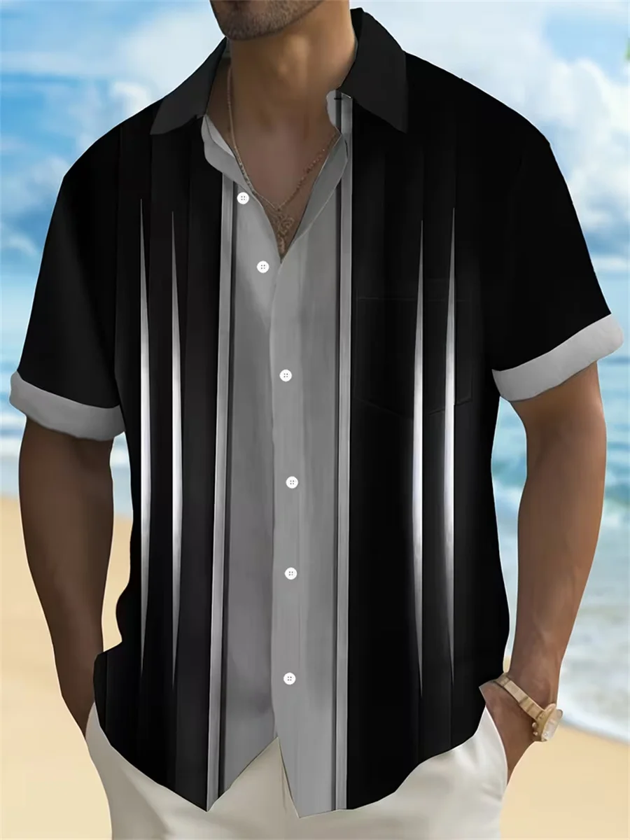 2026 New Men's Shirt, Black and Blue Color Block Striped Short-Sleeve Shirt, Retro Casual Resort Style Top with Turn-Down Collar