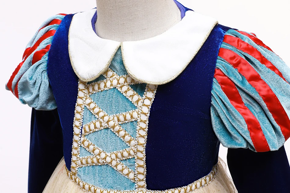 Schneewittchen-Prinzessinnenkleid für Mädchen, blaues Samt-Mieder mit beigem Tüllrock, Spitzenapplikationen für Halloween, Geburtstagsfeier, Cosplay – Detail 9