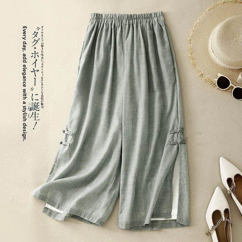 

Новые китайские женские хлопковые льняные широкие брюки, летние тонкие ретро пуговицы с разрезом, прямая свободная художественная юбка на семь футов
