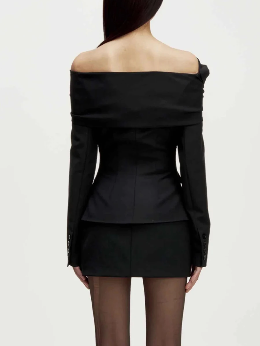 VGH Designer Solid Spliced Folds Slimming Jackets For Women Slash Neck Long Sleeve Spring Elegant Jacket Female Fashion Style