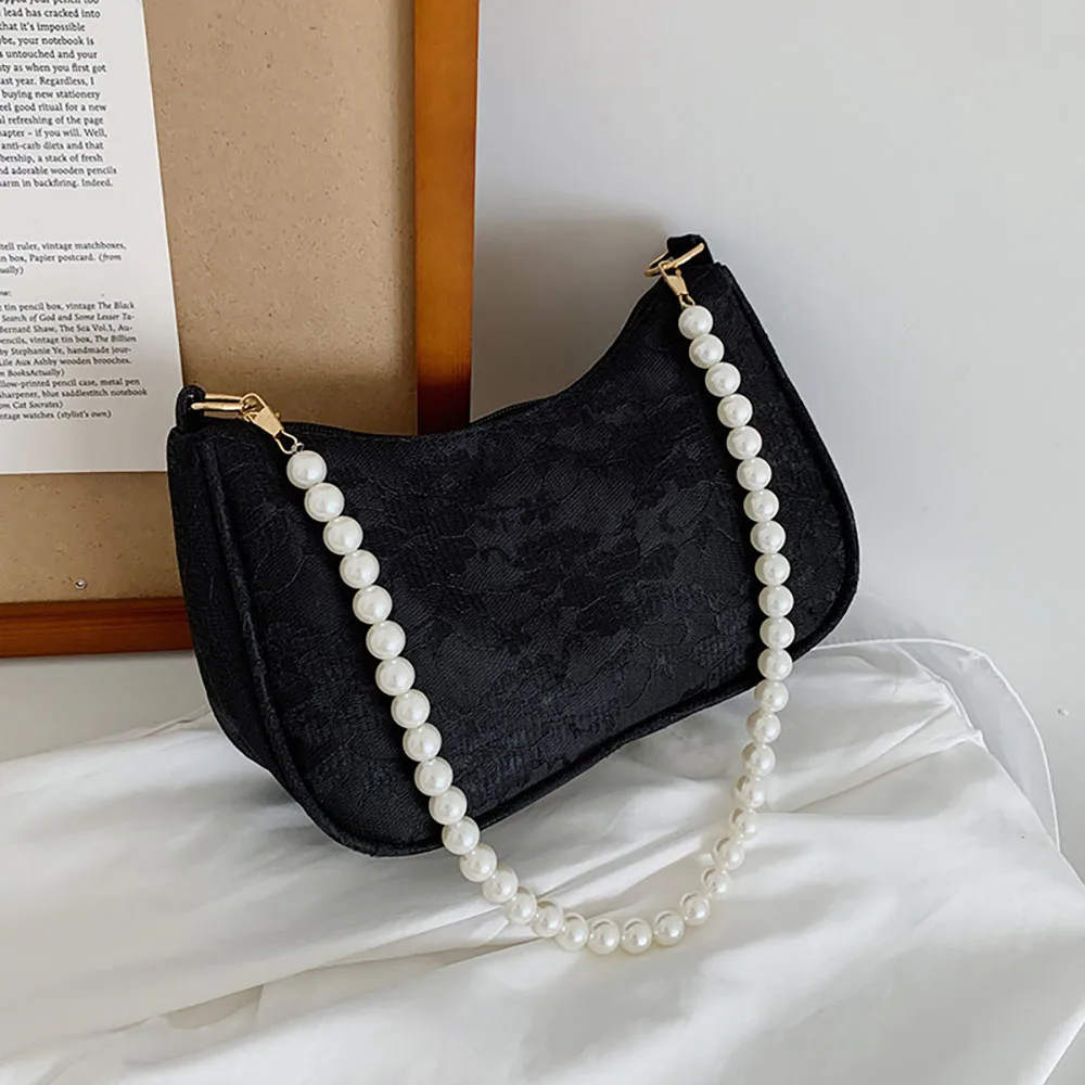 

Fashionable Korean Pearl Chain Handbag For Women Simple Solid Color Lace Design Shoulder Bag 2024 New Ladies Work Underarm Bags