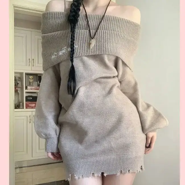 

One-Shoulder Advanced Knitwear With Embroidery Autumn Winter Sweater Women Sexy Fashion Embroidery Strap Knitted Pullovers