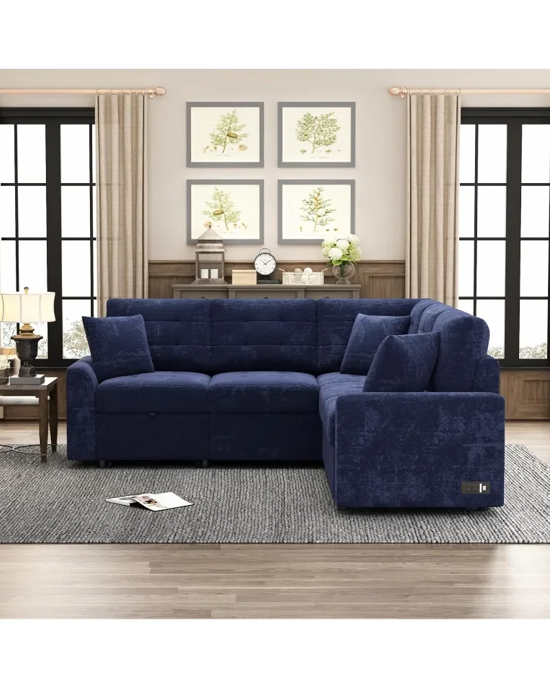 L-Shape Sofa Bed, Pull-Out Sleeper Sofa with Wheels, USB Ports, Power Sockets for Living Room