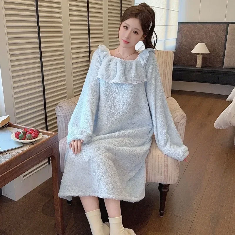 Women Plus Size Coral Fleece Nightgown Korean Sweet Solid Long Sleeve Sleep Dress Winter Thick Warm Loose Loungewear Nightshirt  Women Sexy Lace Satin Pajama Set Factory Direct Wholesale, Affordable Bulk Price