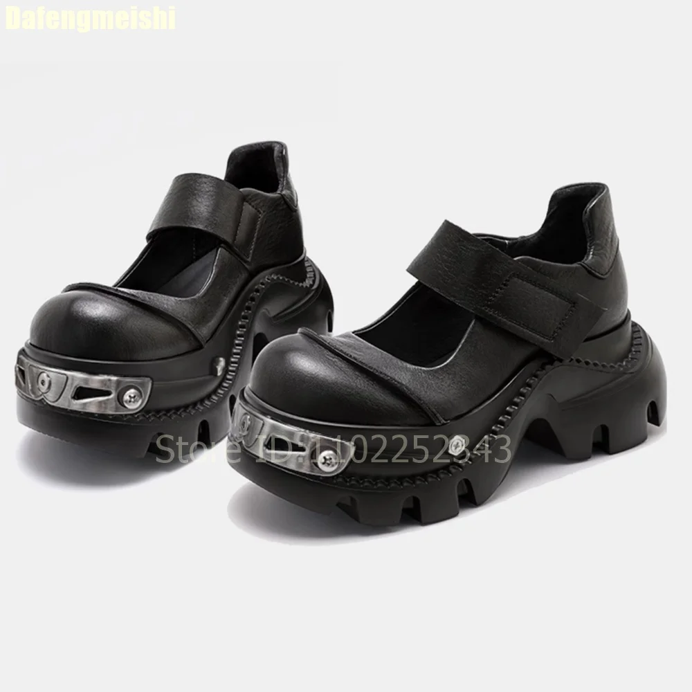 2025 New Thick-Soled Mary Jane Shoes Women Punk Style Summer Shallow Round Toe Black Leather Shoes Height-Increasing Pumps