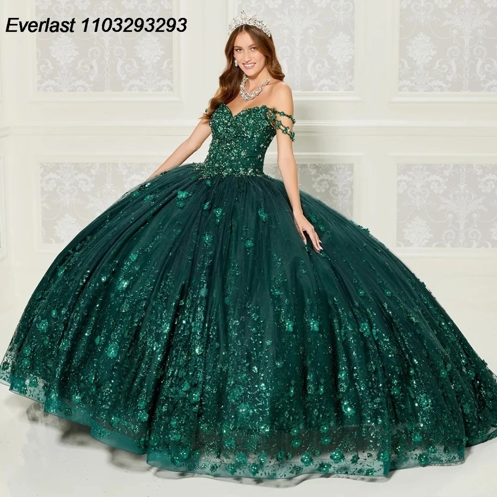 Evlast Glanzend Blauw Quinceanera Jurk Baljurk Appliqué Kralen Kristal Off Shoulder Mexican Sweet 16 Vestido 15 De Años Tqd215