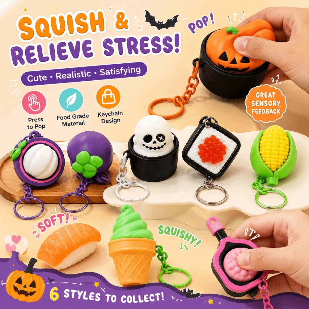 Cartoon Calming Keychain Keys Pumpkin Ghost Finger Button Anti-stress Pendant 3D Printed Bag Charms Foods Clicker Key Chain