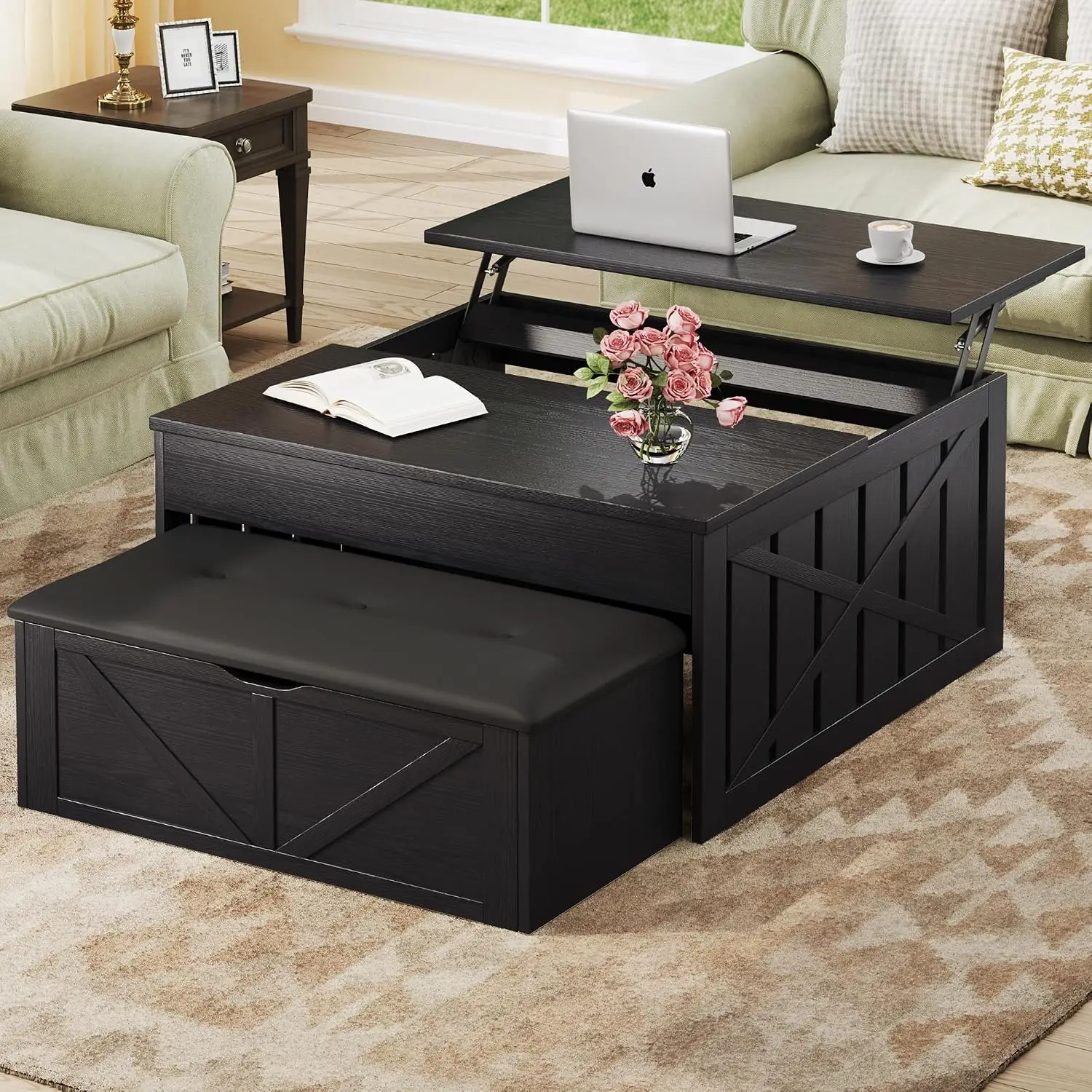 Coffee Table Lift Top Hidden Storage Compartment Farmhouse Ottoman Bench Center Wooden Tabletop Living Room Black