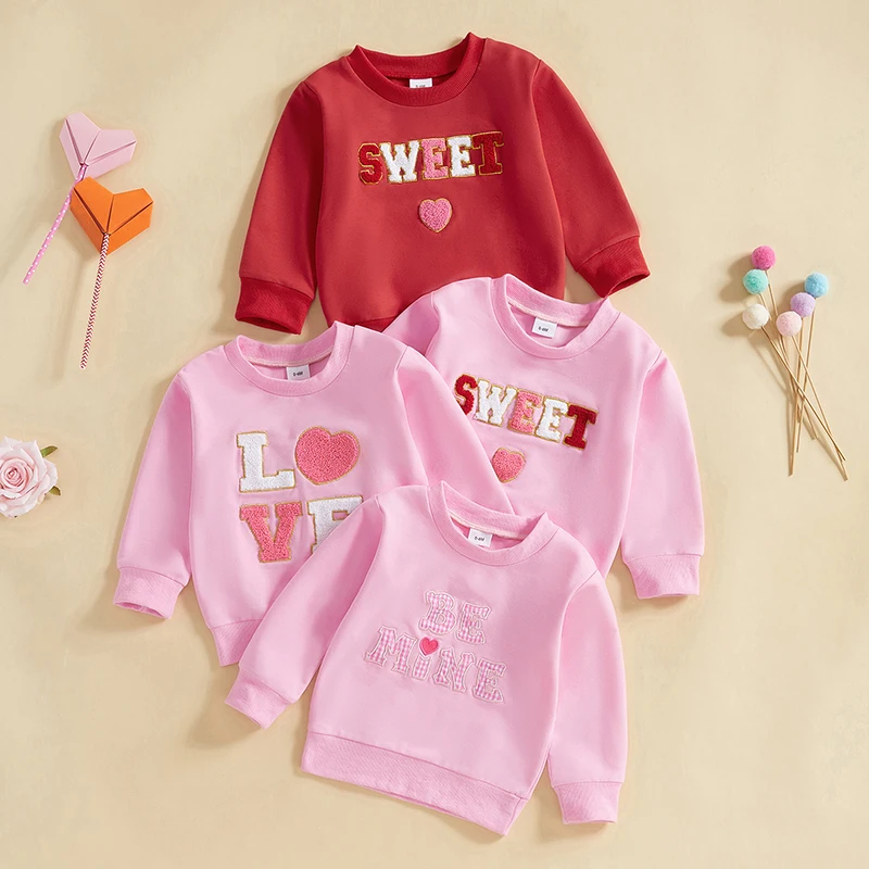 Valentine's Day Spring Kids Baby Boys Girls Casual Sweatshirts Long Sleeve Crew Neck Letter Heart Embroidery Pullover Tops